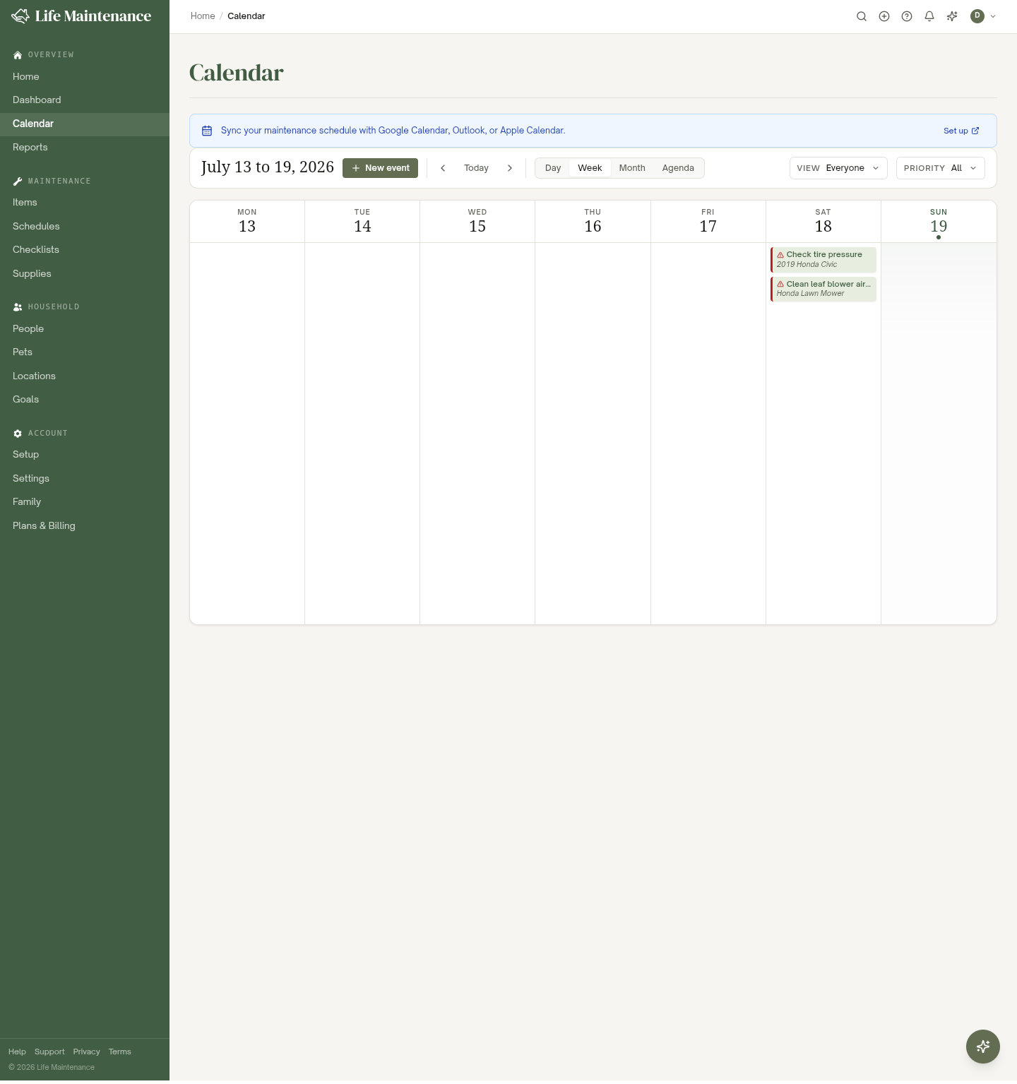 The Calendar page showing maintenance tasks and family events laid out across the week, with the Day, Week, Month, and Agenda view tabs and the New event button.