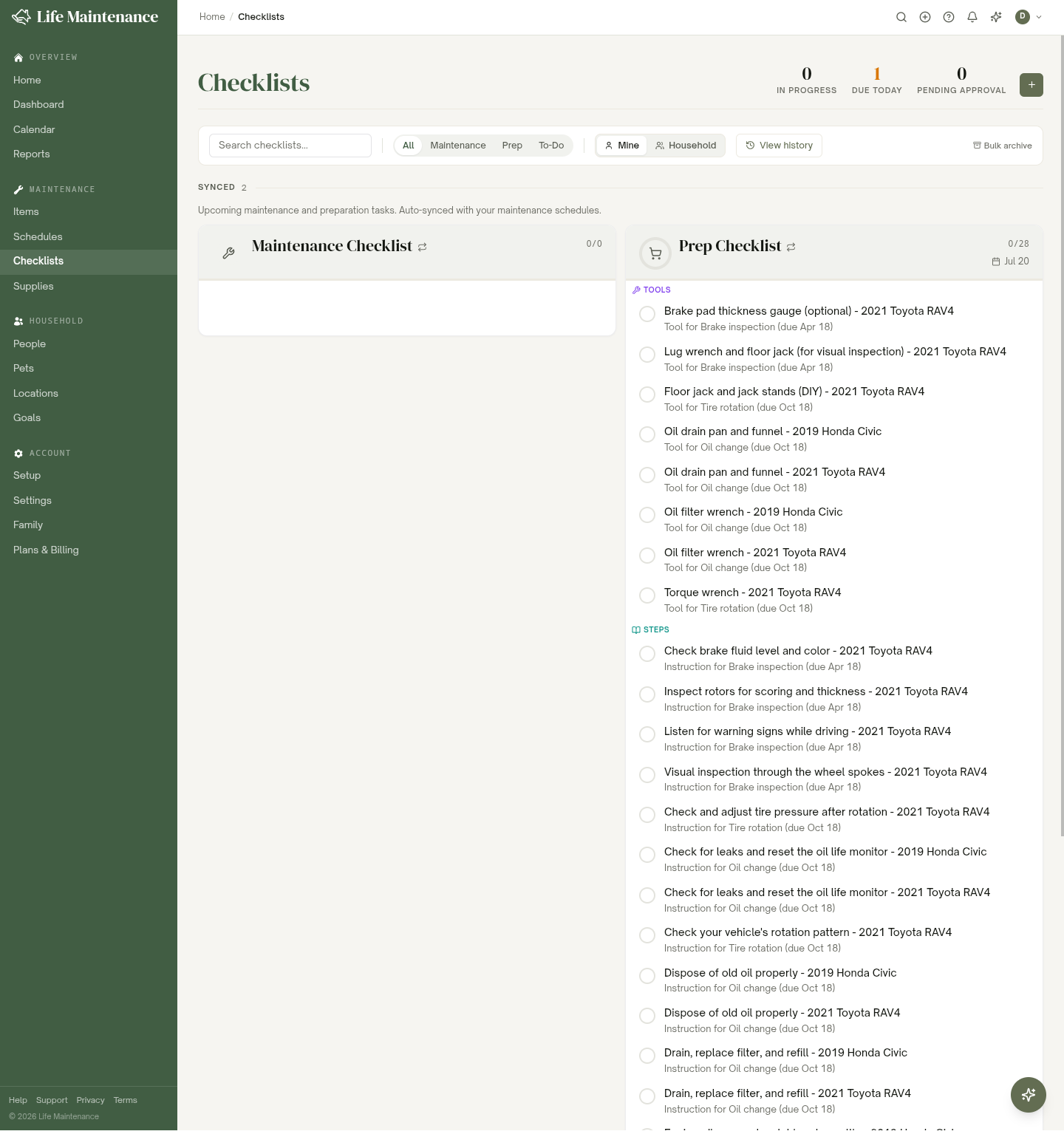 The Checklists page with the Maintenance and Prep synced checklists at the top, the All / Maintenance / Prep / To-Do filter, and the In Progress, Due Today, and Pending Approval stats.