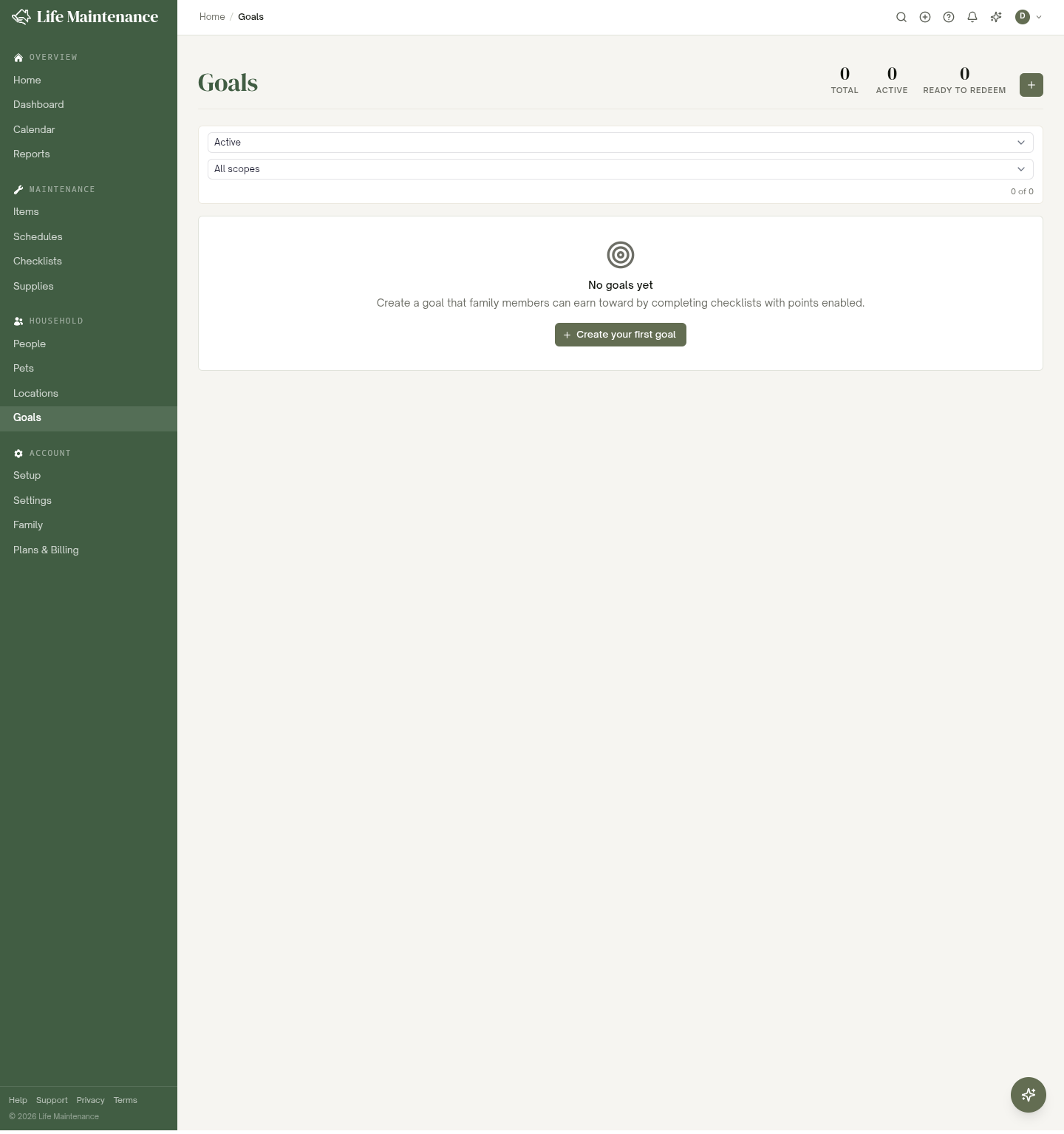 The Goals page showing family reward goals with progress bars toward their points targets, plus the Total, Active, and Ready to redeem stats.