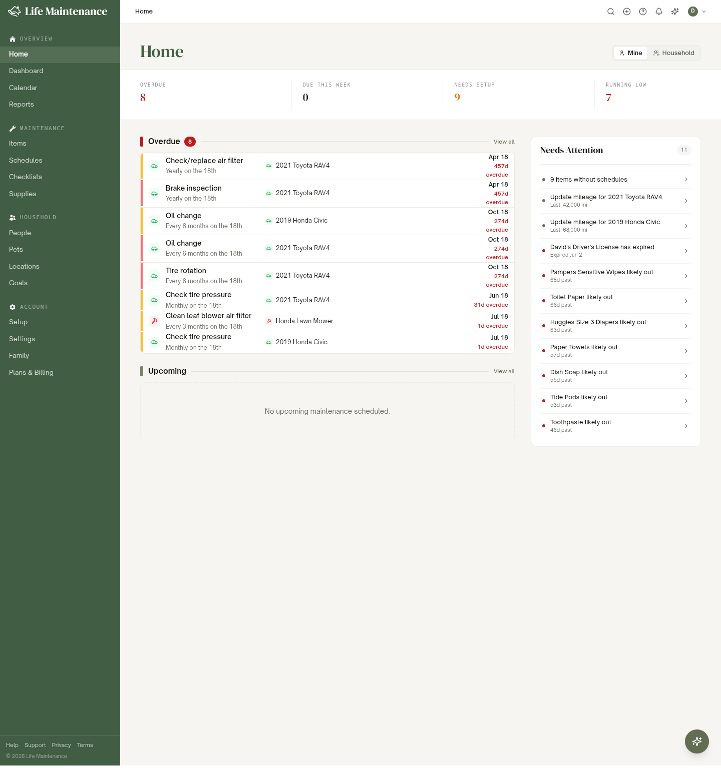 The Home page, showing the Overdue, Due this week, Needs setup, and Running low counts across the top with the task list and Needs Attention panel below.