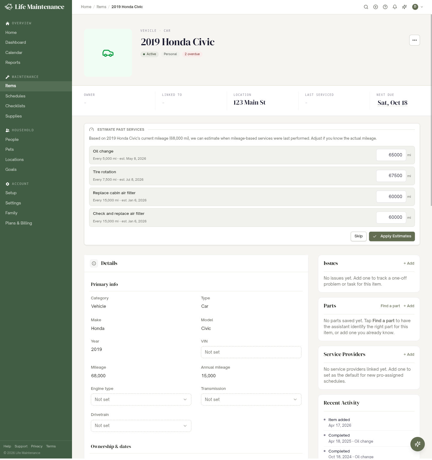 An item detail page with the Details, Schedules, Issues, Parts, Service Providers, and Recent Activity cards, each field editable in place.