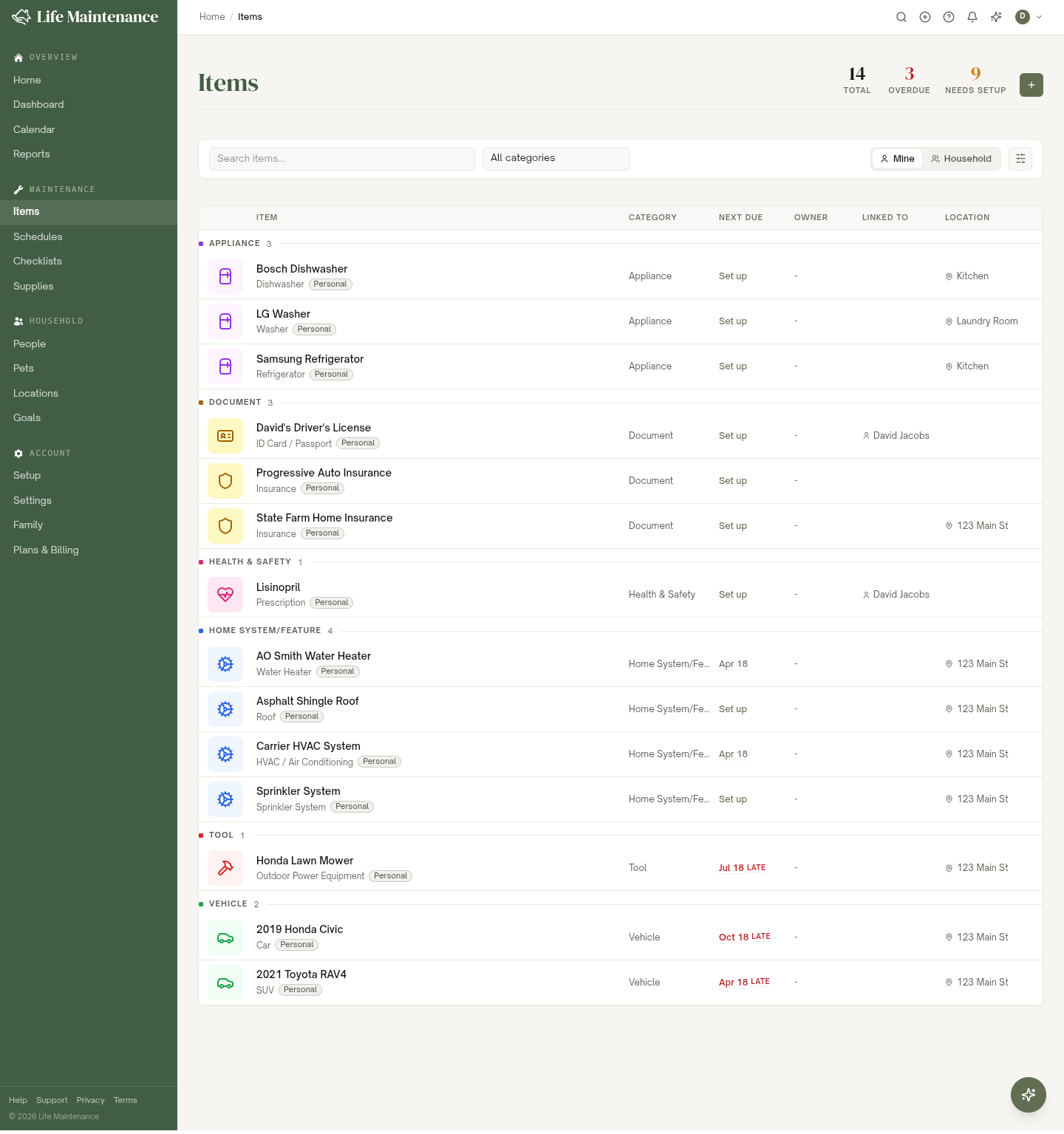 The Items page, a filterable list of everything you track with counts across the top and category filters.
