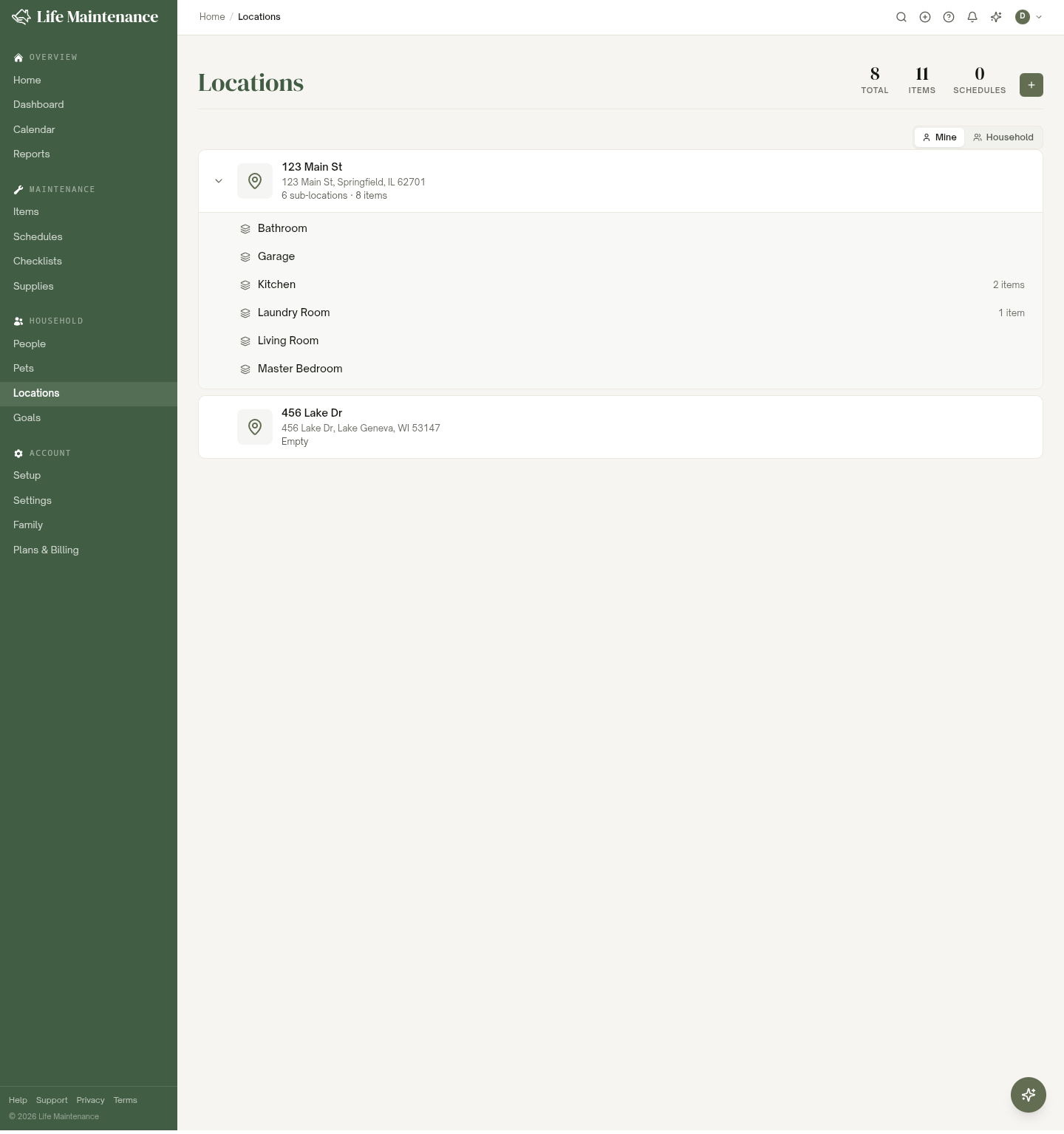 The Locations page, listing a main address with its rooms as sub-locations and a second property below.