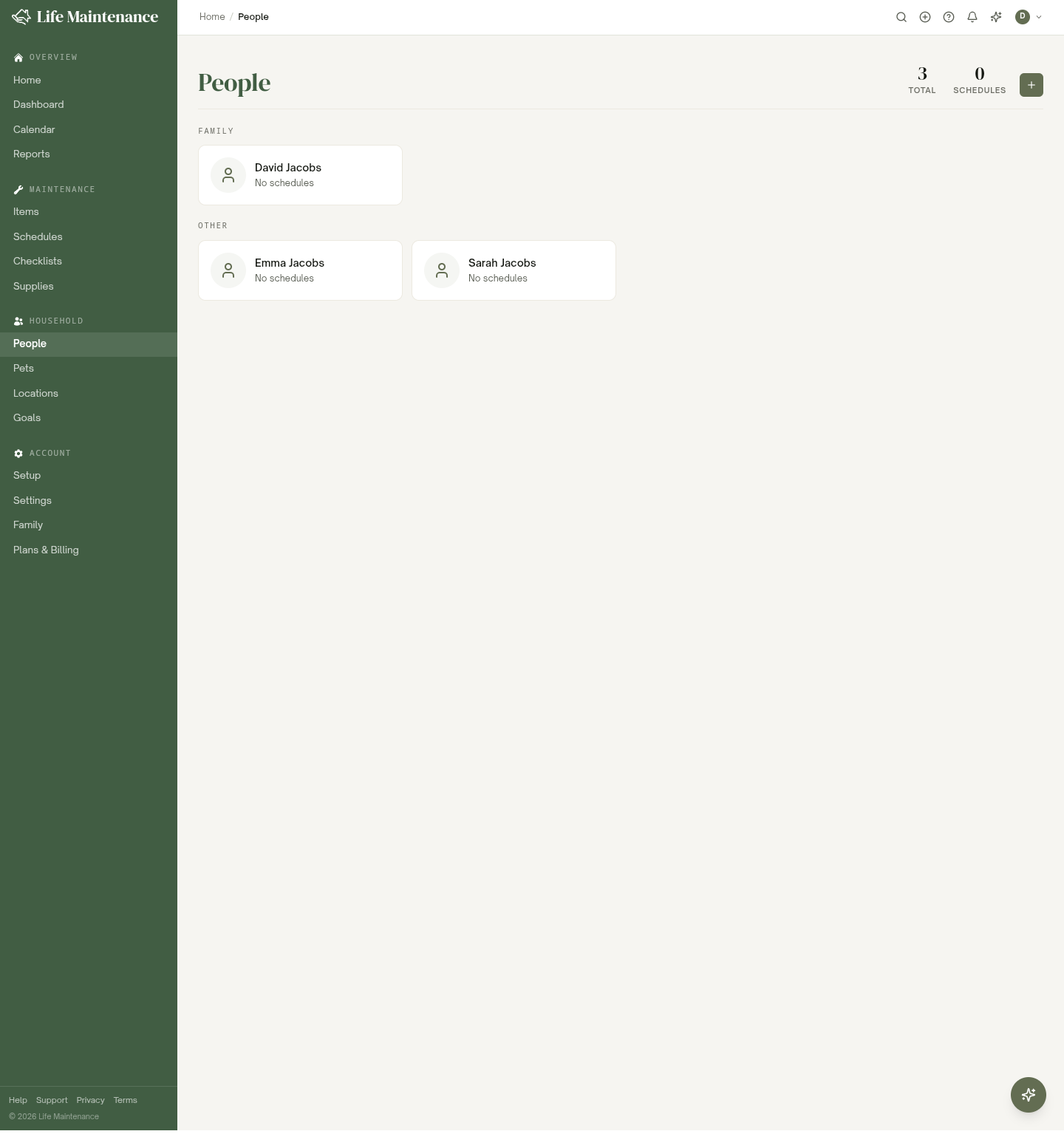 The People page, with a Family group at the top and an Other group below for contacts you track but do not share an account with.