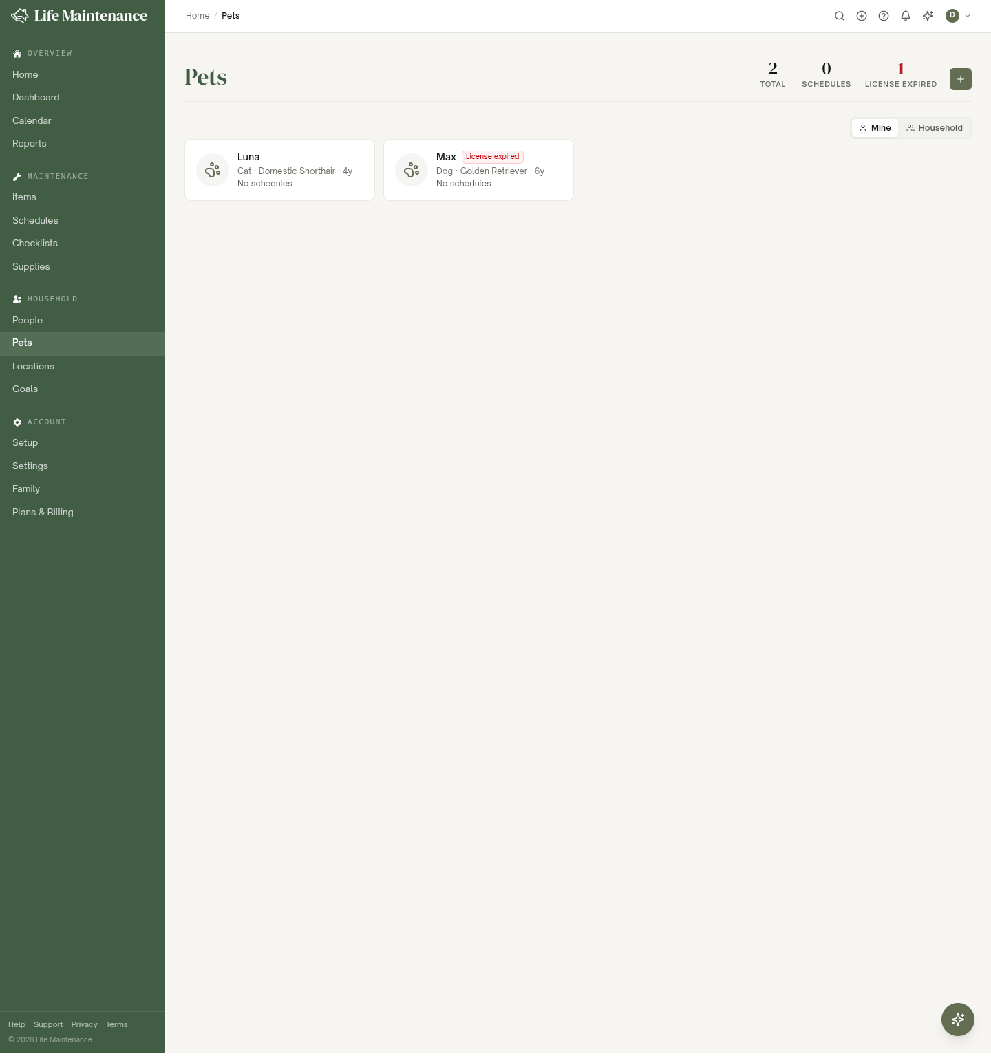 The Pets page, with a card for each pet showing species, breed, and age, plus a License expired flag when a tag is overdue.