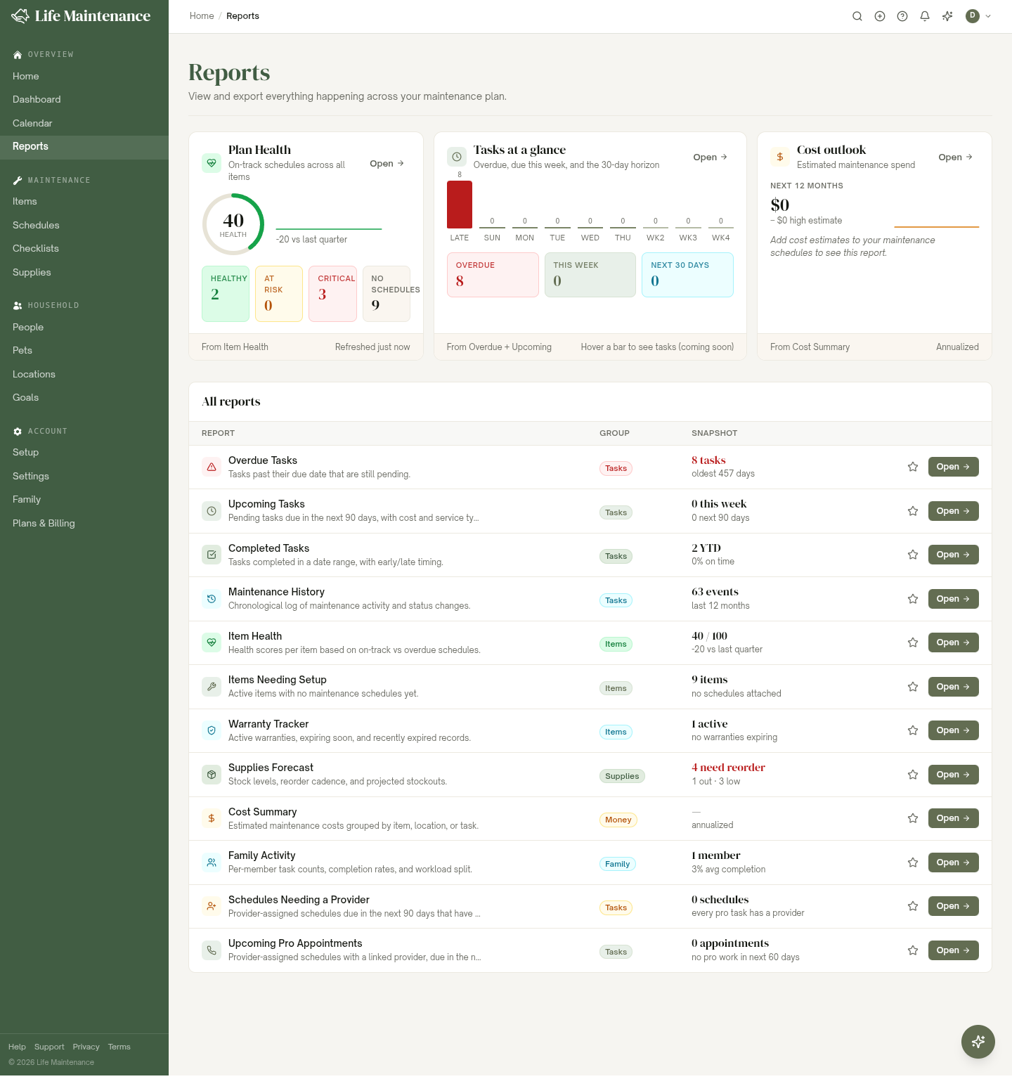 The Reports page, with the Plan Health, Tasks at a glance, and Cost outlook snapshot panels above the All reports table.