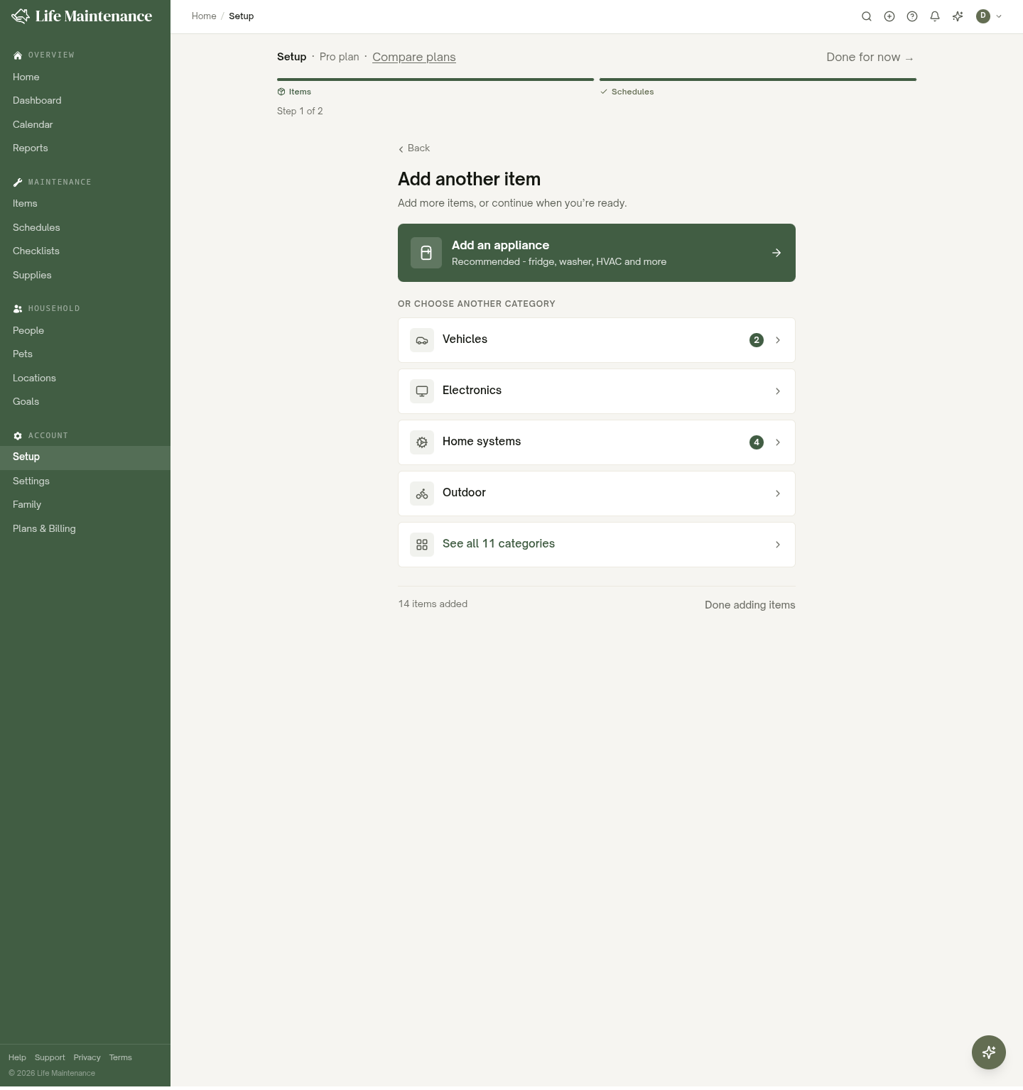 The guided Setup wizard adding items by category, one of the steps that walks you through your household, pets, locations, and the things you own.